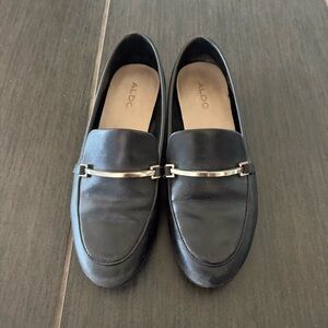 Aldo Black Loafers Vegan Leather with Gold Detail